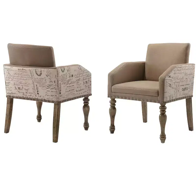Roundhill Furniture Birmingham Script Printed Driftwood Finish Dining Arm Chair with Nail head, Set of 2