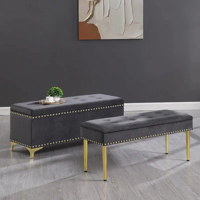 2-in-1 Tufted Velvet Storage Bench Set with Nailhead Trim