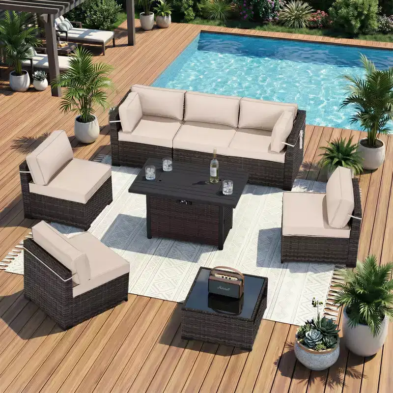 UPTIOT Premium Outdoor Sofa Set with Corner Loungers, Accent Chairs & Brown Convertible Fire Table for Ultimate Patio Comfort