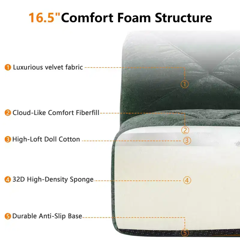 Clihome 110Boneless Sofa With Tufted,Soft Velvet Fabric,Modular Sectional Sofa,32D High Density Sponge,Anti-Slip Design,Ergonomic Design Bottom