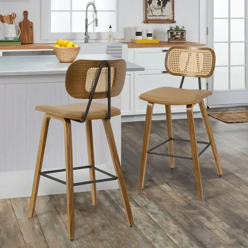 26-inch Wood Counter Height Bar Stools with Rattan Back