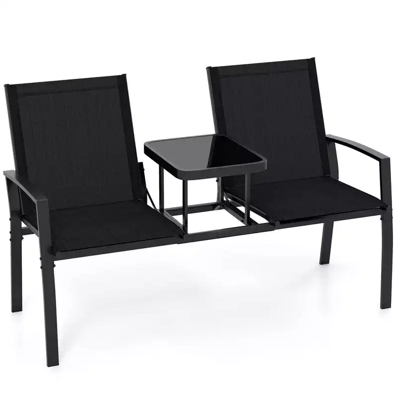 Costway Patio Loveseat with Built-in Table, Breathable Fabric Back and Seat, Metal Frame Black