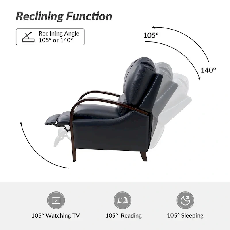 Alex Mid-century Modern Cigar Genuine Leather Manual Recliner with Wooden Curved Arms