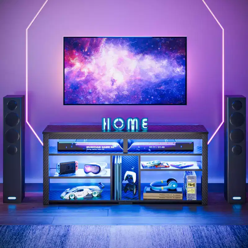 Tall TV Stand, 55 LED Entertainment Center For TVs up to 65, Gaming TV Console with Storage For PS5, Media Center with Adjustable Shelves