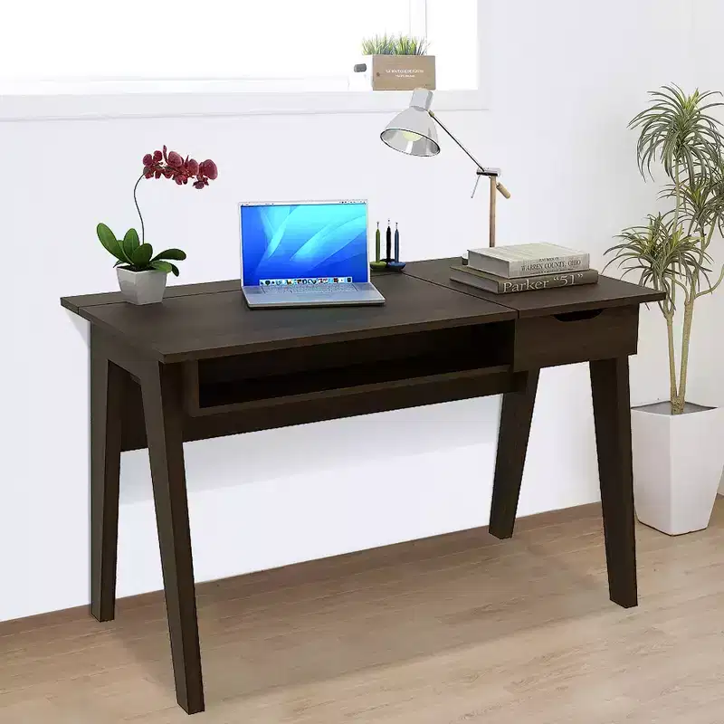 Vanity Table with Flip Mirror and Writing Desk, Storage Drawer, Walnut