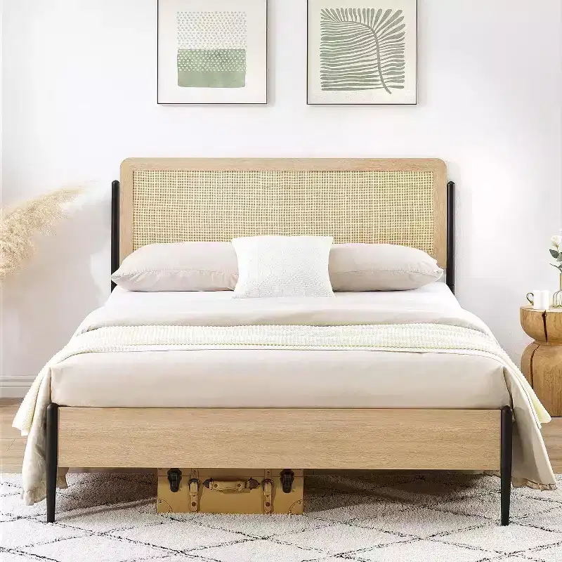 Queen Rattan Headboard Bed Frame, Rounded Corners, Noise-Free, Strong Metal Slats Support, Mattress Foundation, No Box Spring, White Oak