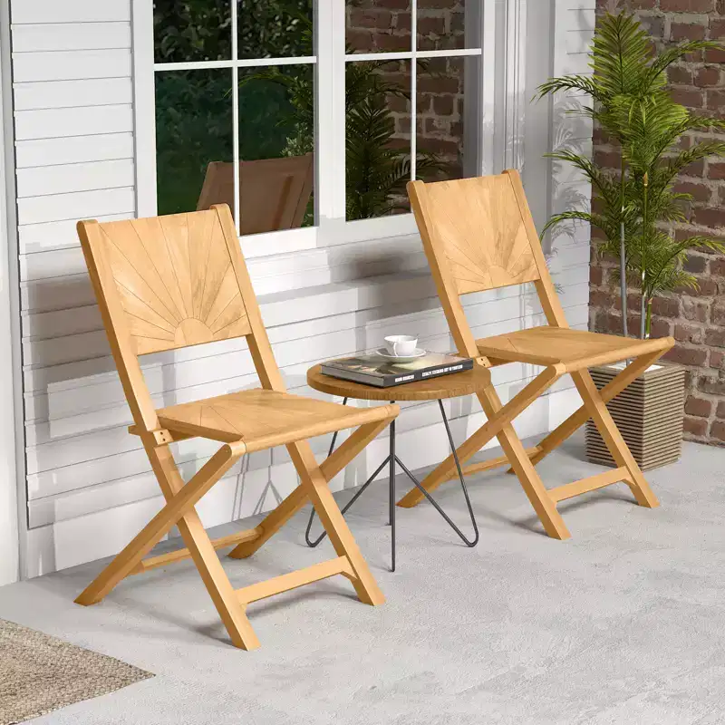 Costway 2 PCS Folding Patio Chairs w/ Inclined Backrest Teak Wood Outdoor Dining Chairs
