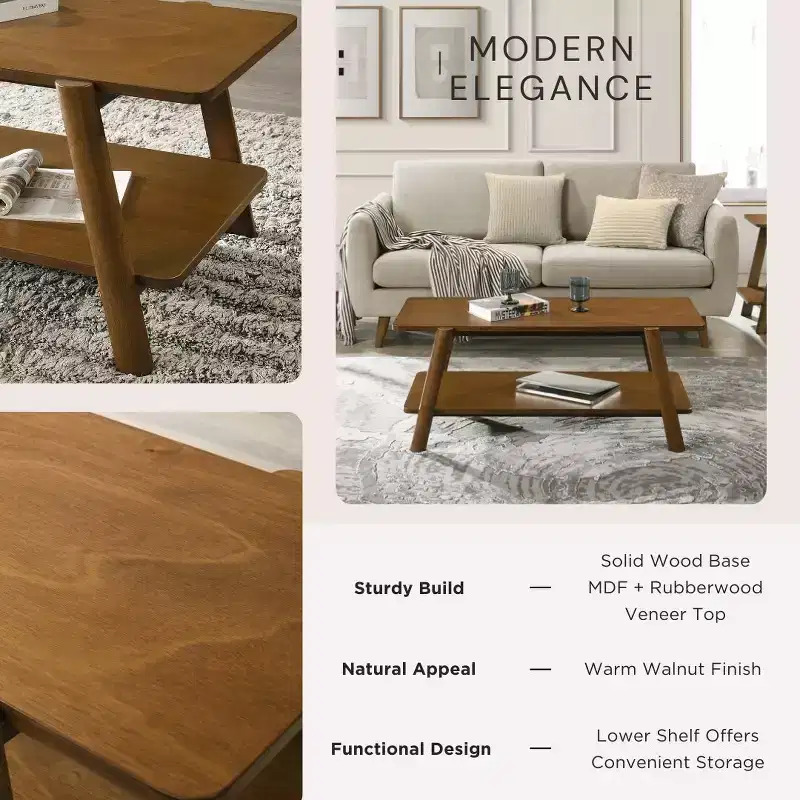 Roundhill Furniture Metz Mid-Century Modern Wood Shelf Coffee Table