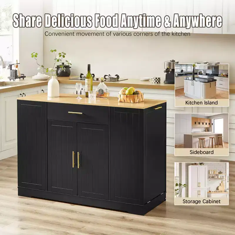 Okak Modrn Kitchen Island with Doors & Center Drawer & Trash Can Storage,Storage Cabinet Dining Sideboard for Kitchen,Dining Room