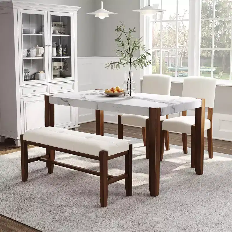 4-Piece/5 Piece Modern Dining Table Set Dining Set Space-Saving Dinette with Faux Marble Table, 2 Upholstered Chairs and Bench, White+Brown-ModernLuxe