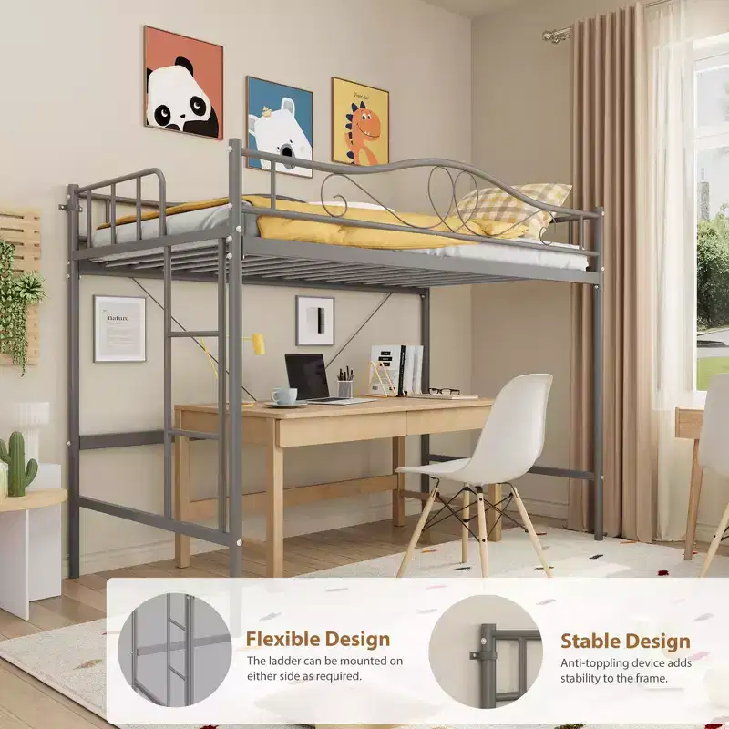 Single loft bed  Heavy-duty metal frame, removable ladder, full-length safety rails, 400 lbs weight capacity, no mattress base required
