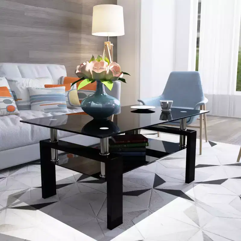 Henri Modern Rectangle Tempered Glass and Iron Coffee Table with Shelf