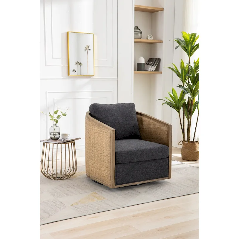 Swivel Barrel Chair, Comfy Round Accent Chair, 360 Degree Swivel Barrel Club Chair, Leisure Arm Chair with Rattan Woven Frame