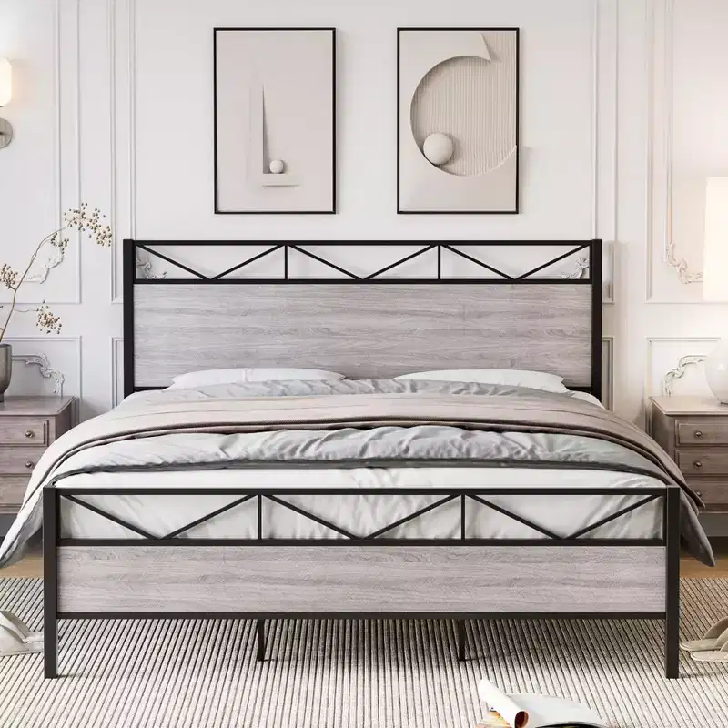Coolmee King Size Bed Frame with Headboard, Industrial Platform King Bed Frame with 14 Strong Metal Slats Support, Under-Bed Storage, No Noise