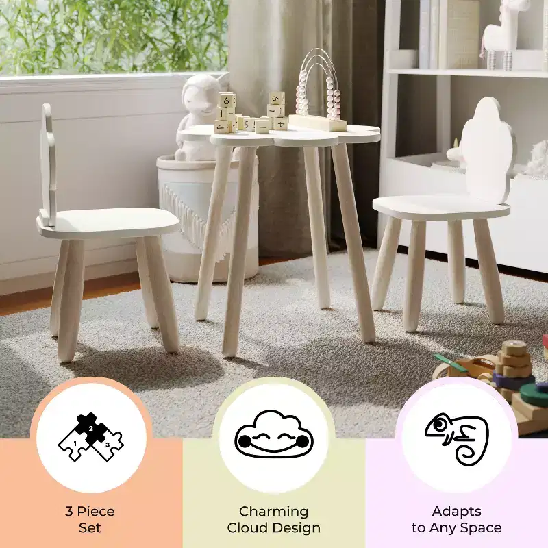 Buzz & Bloom Kids 3-Piece Wood Cloud-Shaped Table and Chairs Set