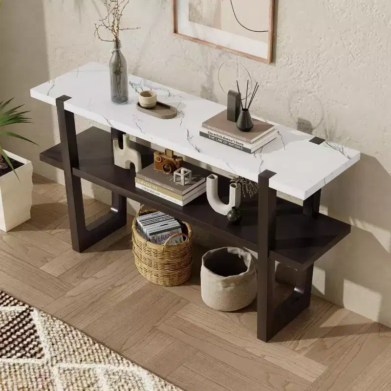 Okak 54IN Retro Narrow Console Table, Entryway Table with Open Shelf and Marble-Effect Tabletop, Hallway Table for Living Room, Foyer