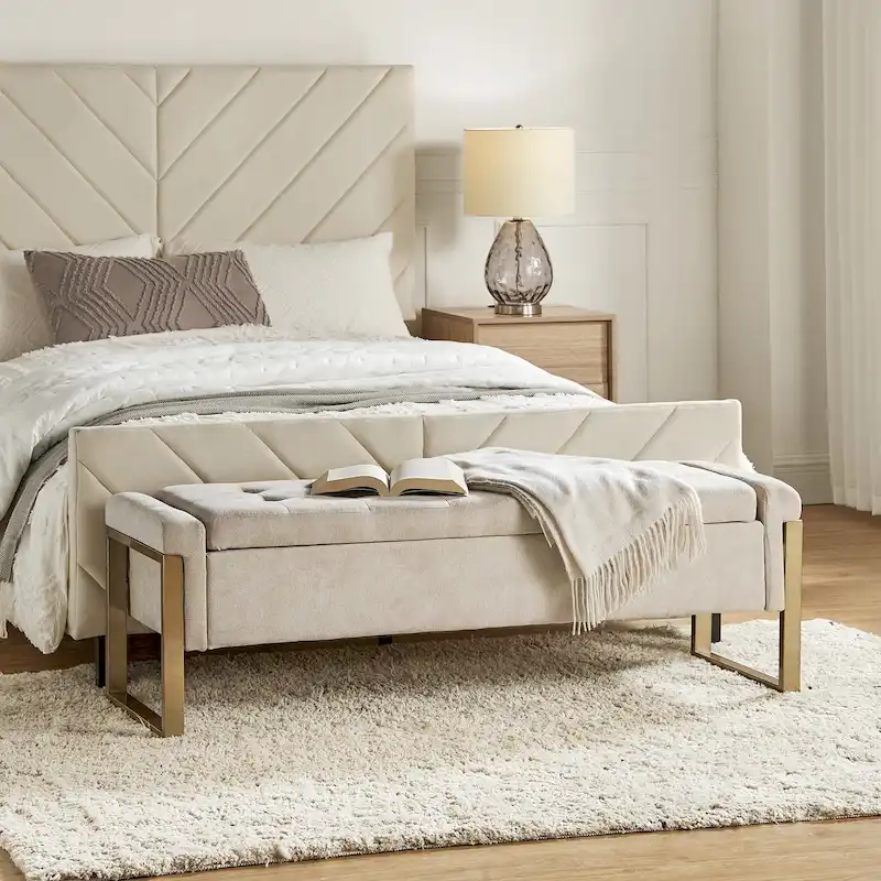 Modern Upholstered Flip Top Storage Bench with Metal Legs by