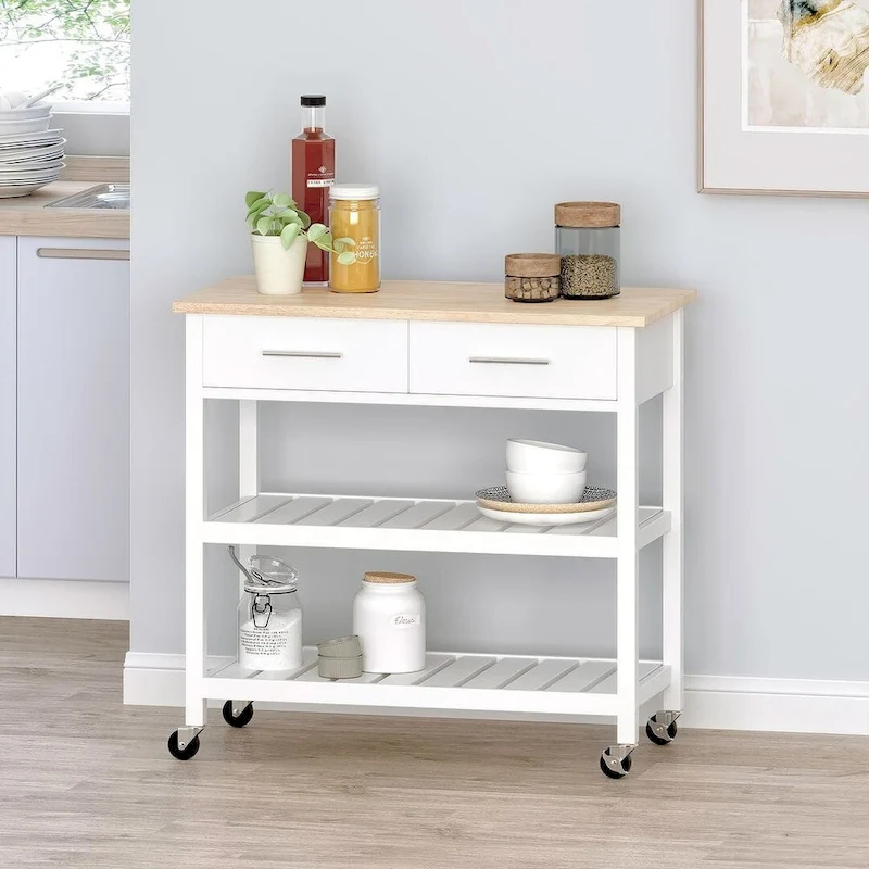 Modern White Wood Kitchen Cart with Wheels Drawers and Shelves by Christopher Knight Home