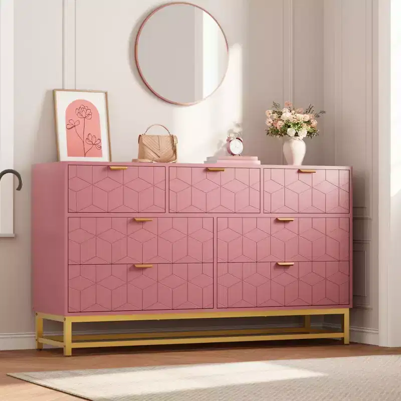 Modern Pink 7-Drawer Dresser with Gold Accents, Chest of Drawers for Bedroom, Living Room, Large Storage Organizer with Anti-Tip