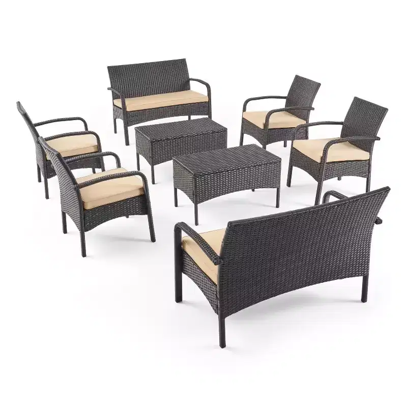 GDFStudio Kilburn Outdoor Wicker and Iron 8 Seater Chat Set with Cushions