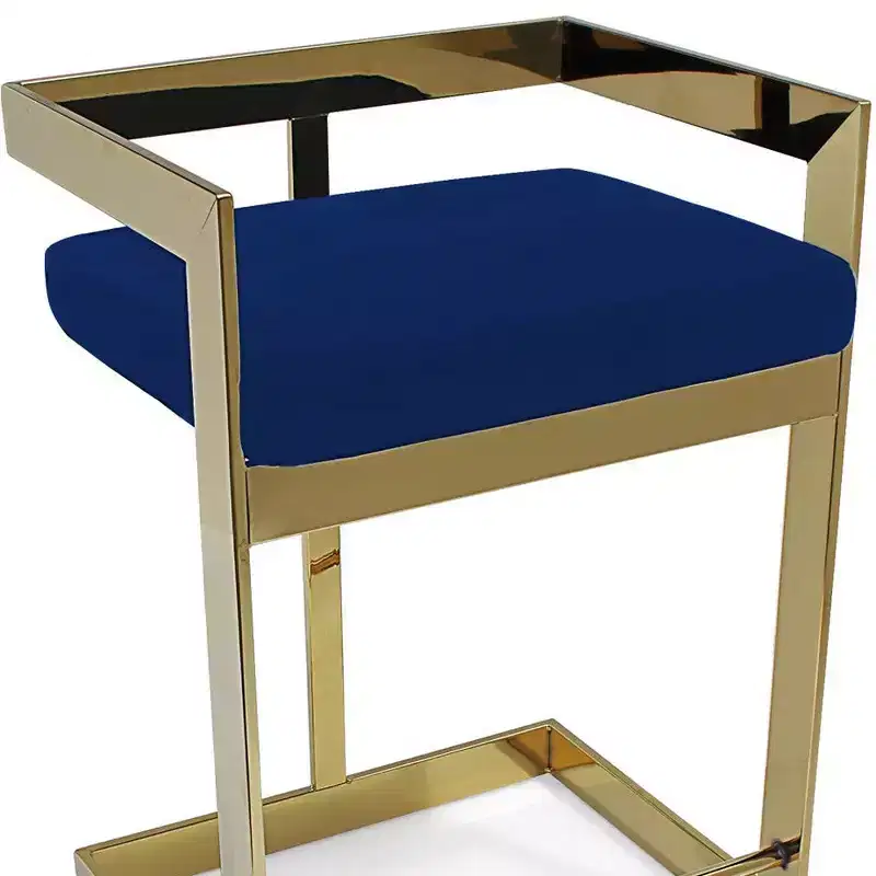 30 Blue and Gold Metal and Velvet Low Back Bar Height Bar Chair
