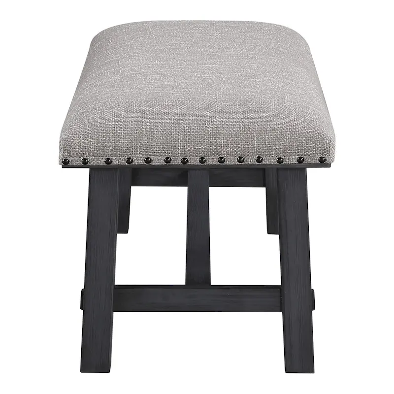 OS Home and Office Furniture Callen Bench with Antique Grey Frame and Antique Bronze Nailhead Trim in Grey Fabric