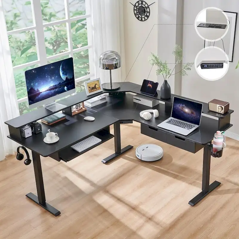 L-Shaped Electric Standing Desk, Height Adjustable, RGB LED, Carbon Fiber Black / Dark Rustic Oak / Antique White, 1-Person