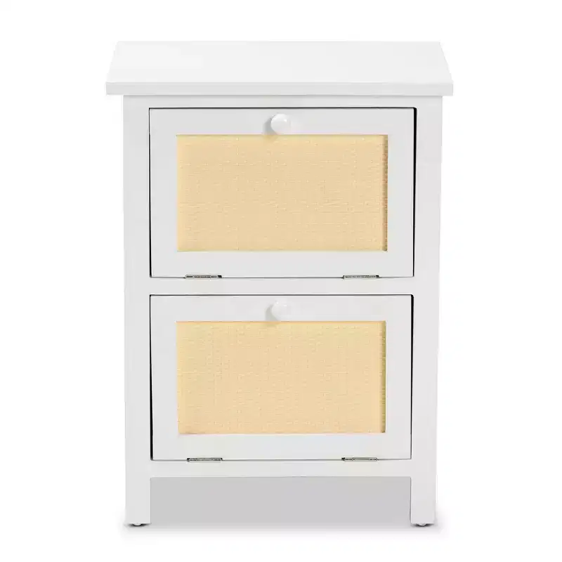 Wood Rattan 2-Door Nightstand, White