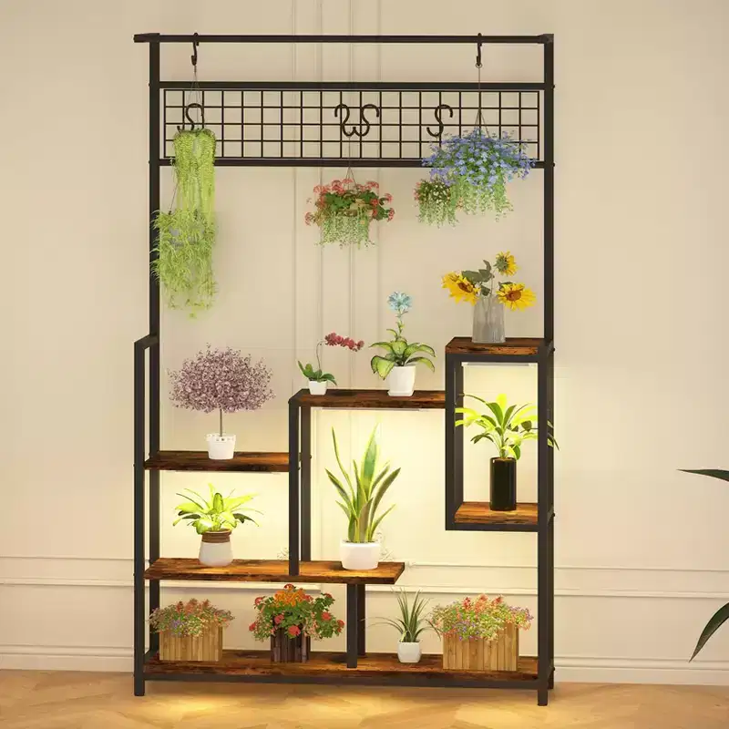 7-Tier Indoor Plant Shelf with Grow Lights & Hanging Hooks, Tall Metal Plant Stand for Bonsai, Flowers, and Decor, Balcony & Living Room Organizer