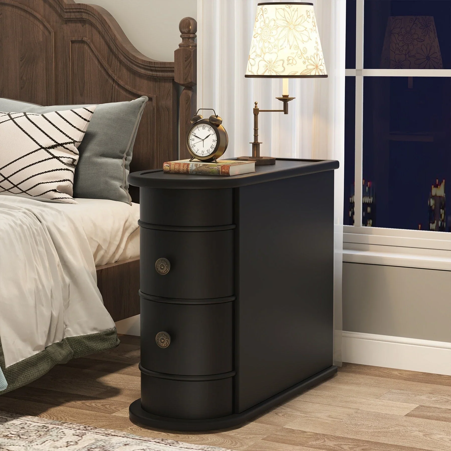 Solid Wood Chairside End Table, Two-Drawer Narrow Side Table Slim