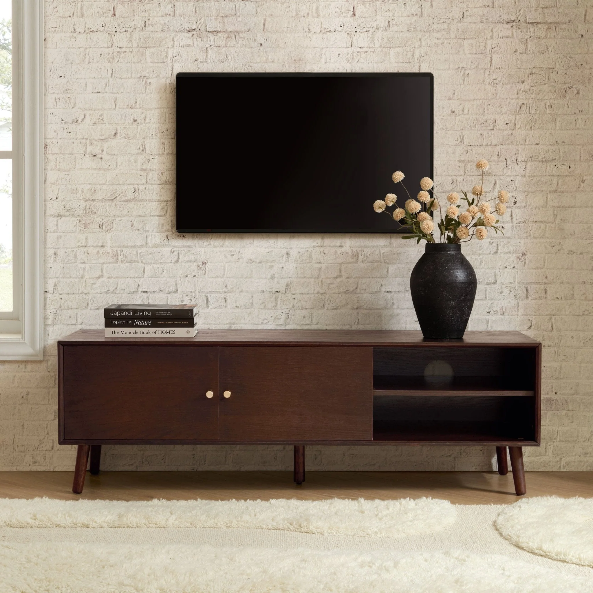 Berlin-Style Walnut Oak TV Unit with Storage for TVs up to 60 Inch for Living Room