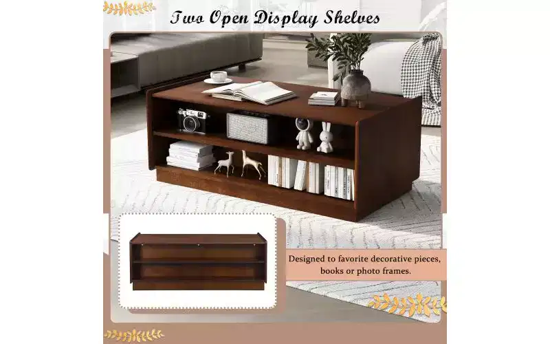 47.2-inch Modern Wooden Rectangular Coffee Table with 4 Drawers and 2 Display Shelves, Tempered Glass Top, Brown