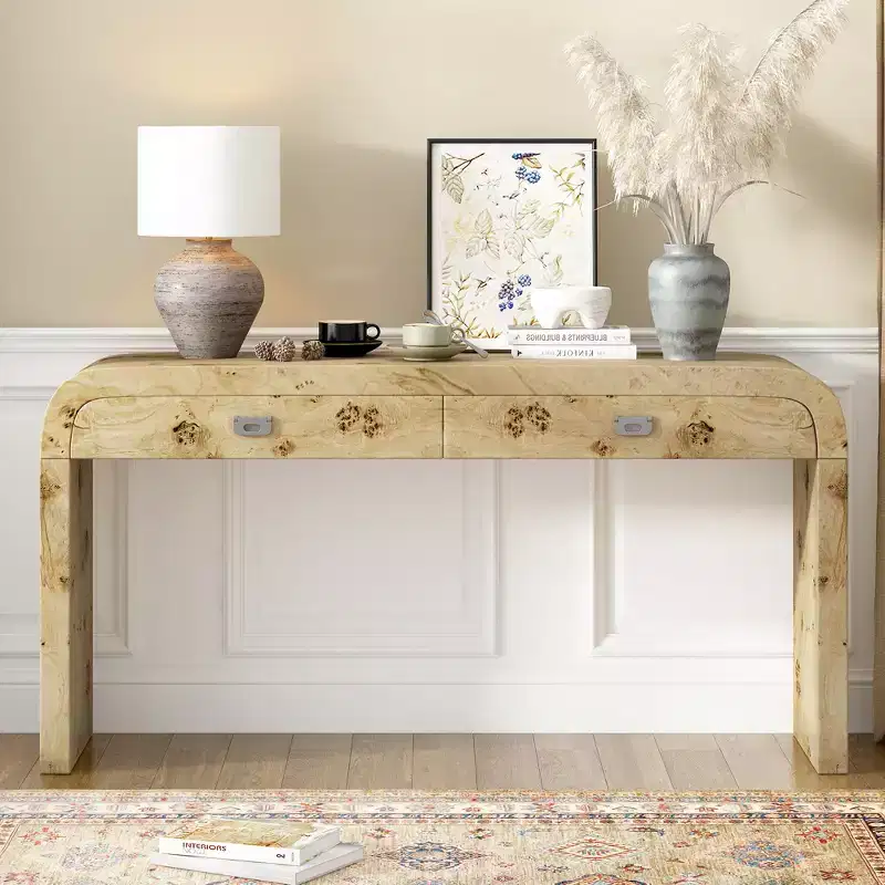 60-Inch Poplar Burl Veneer Console Table with 2 Drawers