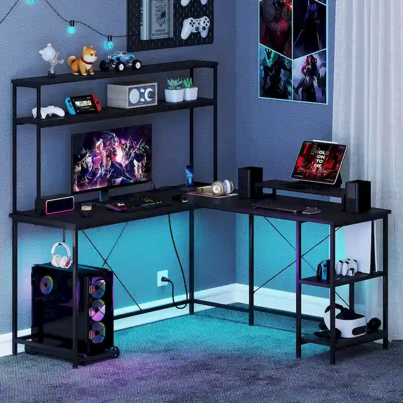 L-Shaped Gaming Desk with LED Strip & Power Outlets