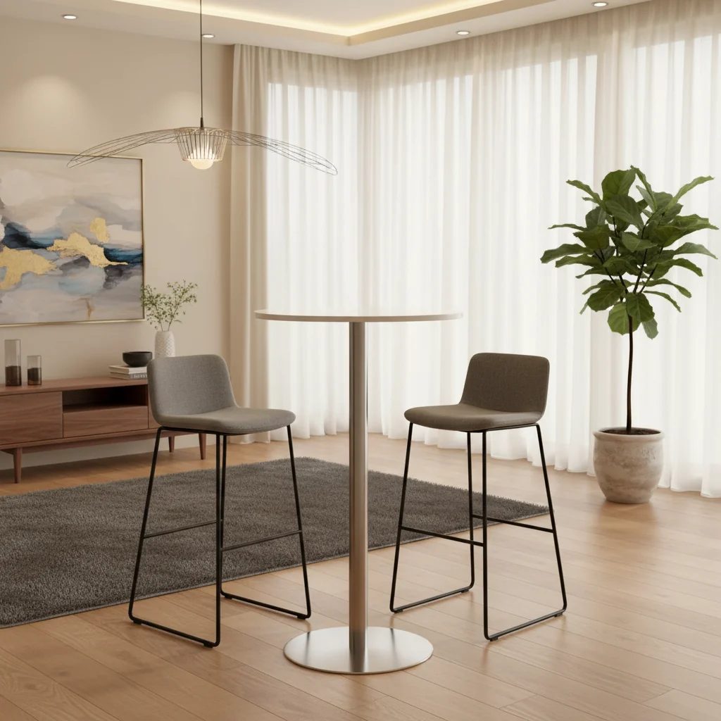 Modern Round Bar Table, Brushed Stainless Steel Base, White Wood Tabletop, 25.5