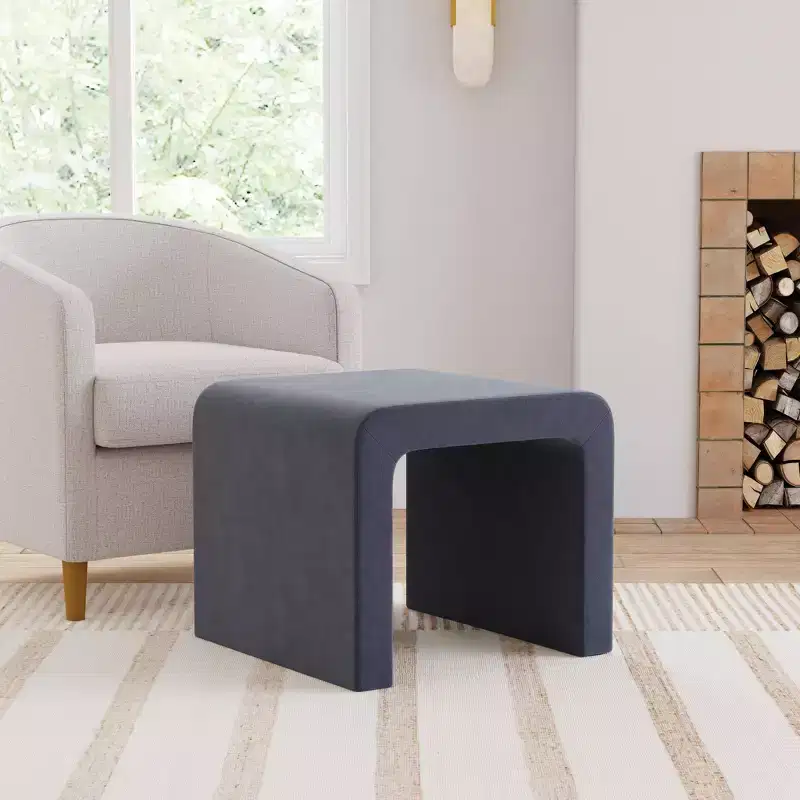 Arch Velvet Ottoman - Square, Blue, MDF Frame