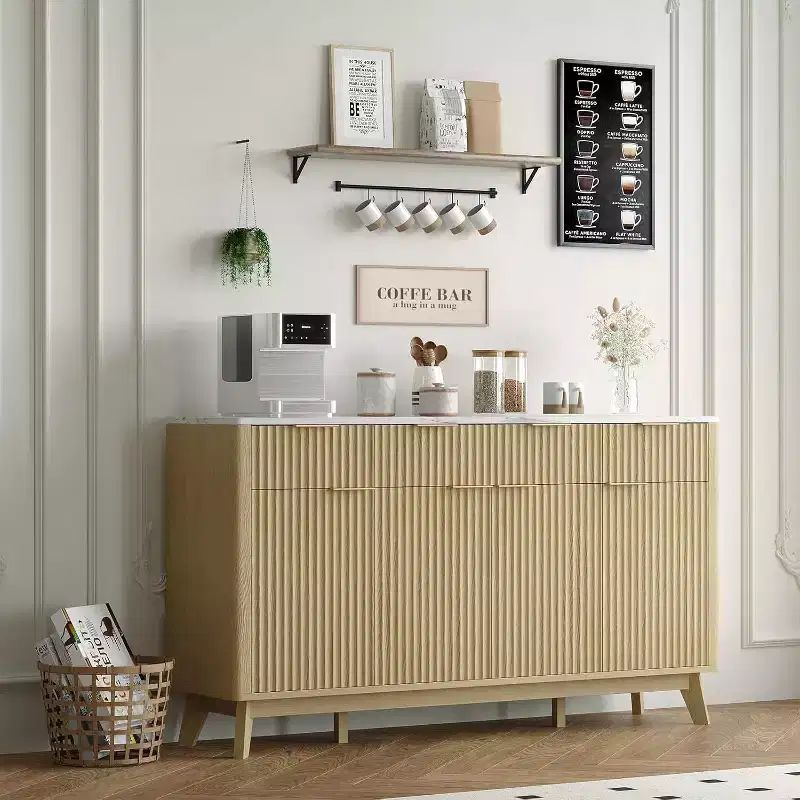 60 Farmhouse Sideboard Buffet Cabinet with Storage Drawers & Adjustable Shelves, Wood Fluted Buffet Storage Cabinet & Coffee Bar for Home Office
