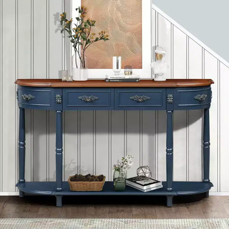 TUYOHW Retro Curved Console Table with 2 Drawers, Farmhouse Sofa Table with Roman Legs & Open Shelf,Wood Entryway Table for Living Room,Hallway