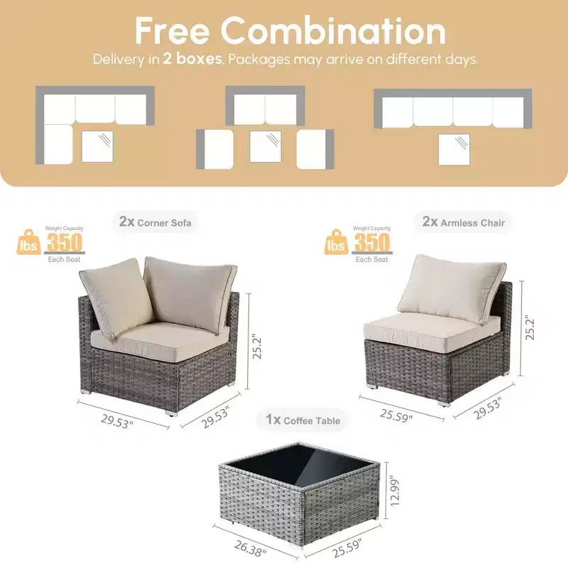 HOMLUX 5 PCS Patio Seating Conversation Sets Outdoor Modular Sectional Sofa Set for Deck Yard Balcony Garden