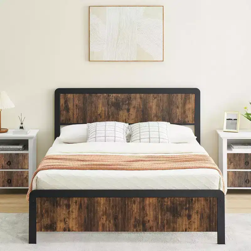 Bed Frame with Curved Wood Headboard and Footboard, Metal Slat Support, Under Bed Storage, Safe Rounded Corners, Grey