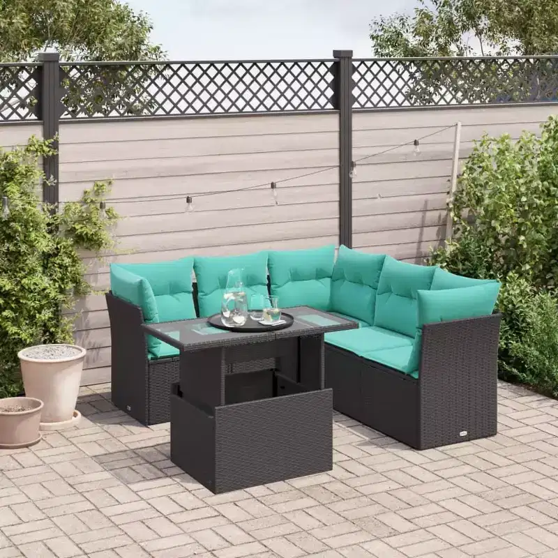 vidaXL 6 Piece Garden Sofa Set with Cushions Poly Rattan, Modular Outdoor Sectional, Adjustable Table, UV-Resistant, Black/Brown/Gray