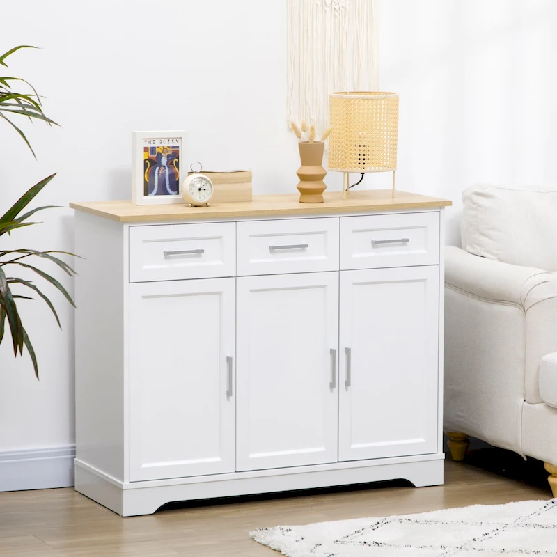 HOMCOM Modern Kitchen Sideboard Buffet Cabinet with Storage Versatility, 3 Drawers, Cabinets and Adjustable Shelf