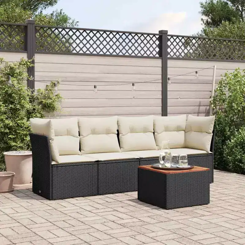 vidaXL 5 Piece Patio Sofa Set with Cushions - Black and Cream