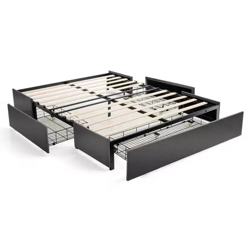 Platform Bed Frame with 3 Storage Drawers Upholstered Grey