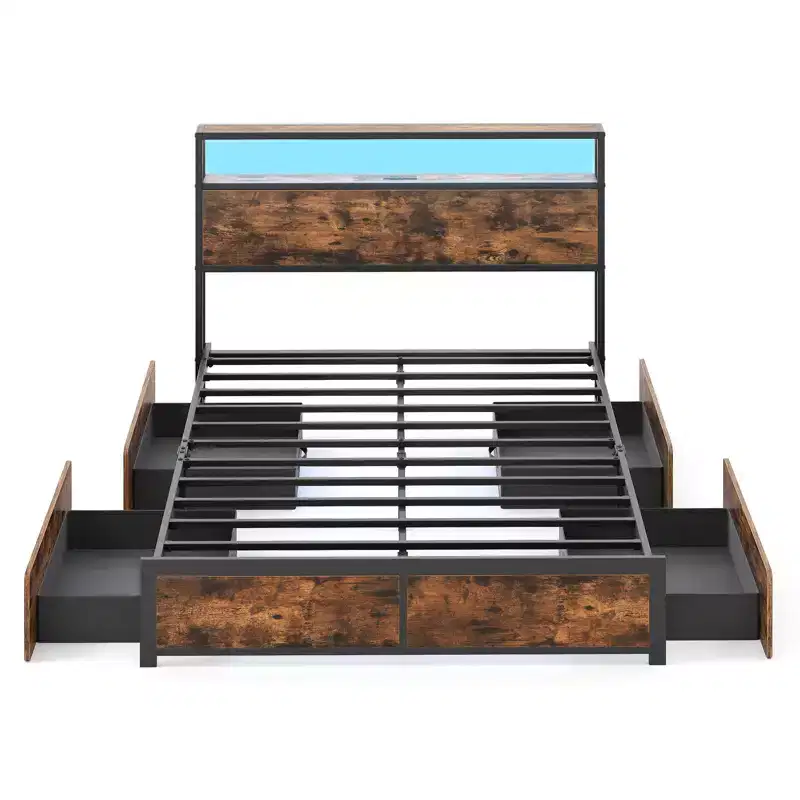 Costway Full/Queen Size LED Bed Frame w/2-Tier Storage Headboard & 4 Drawers Charging Station