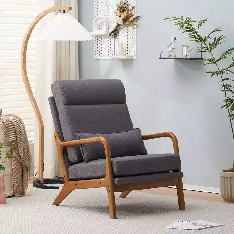 High Back Solid Wood Armrest Backrest Iron Frame Linen Indoor Leisure Chair