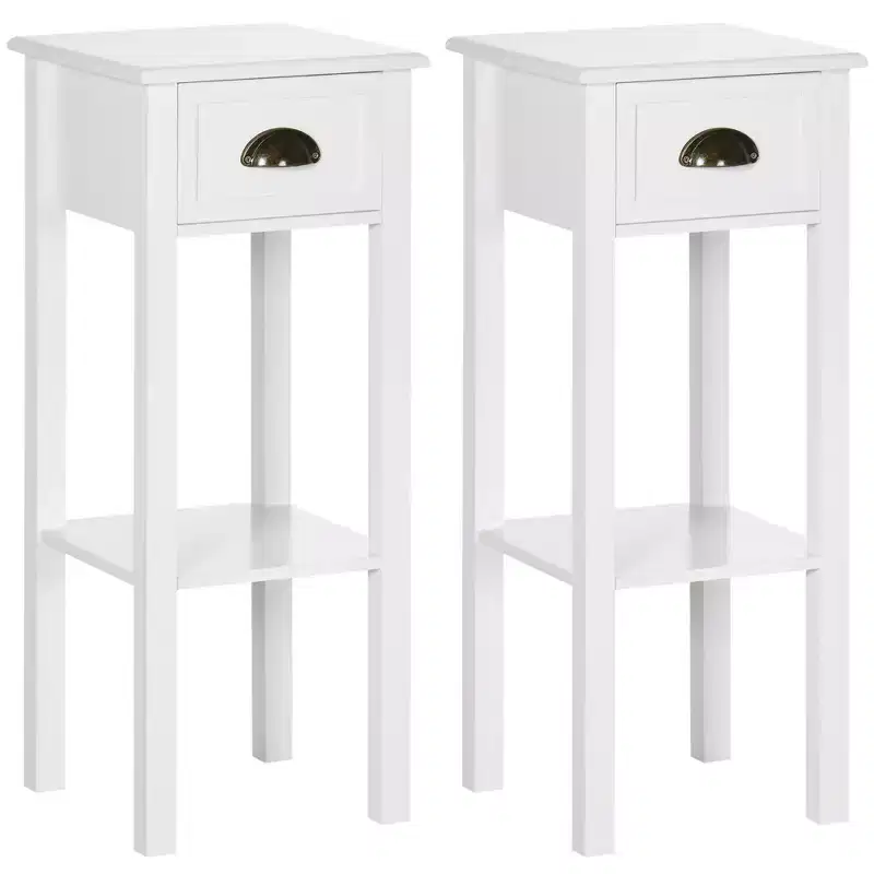 HOMCOM 2-Tier Side Table with Drawer, Narrow End Table with Bottom Shelf, for Living Room or Bedroom, Set of 2, White