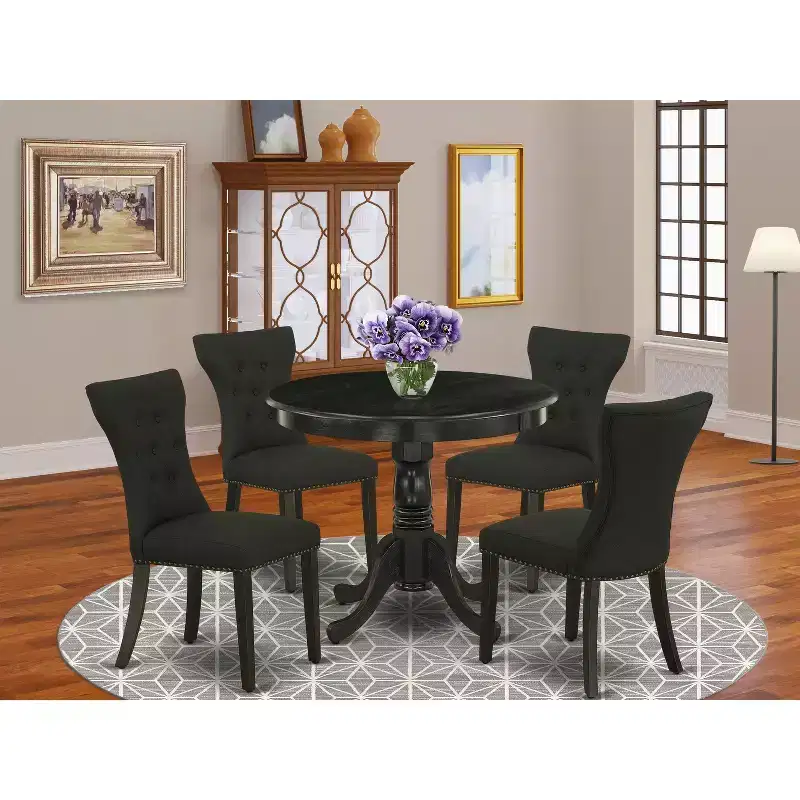 HomeStock Belmont 5-Pc Kitchen Table and Chairs Set Included a Round Dining Table & 4 Parson Chairs, Wirebrushed Black Finish