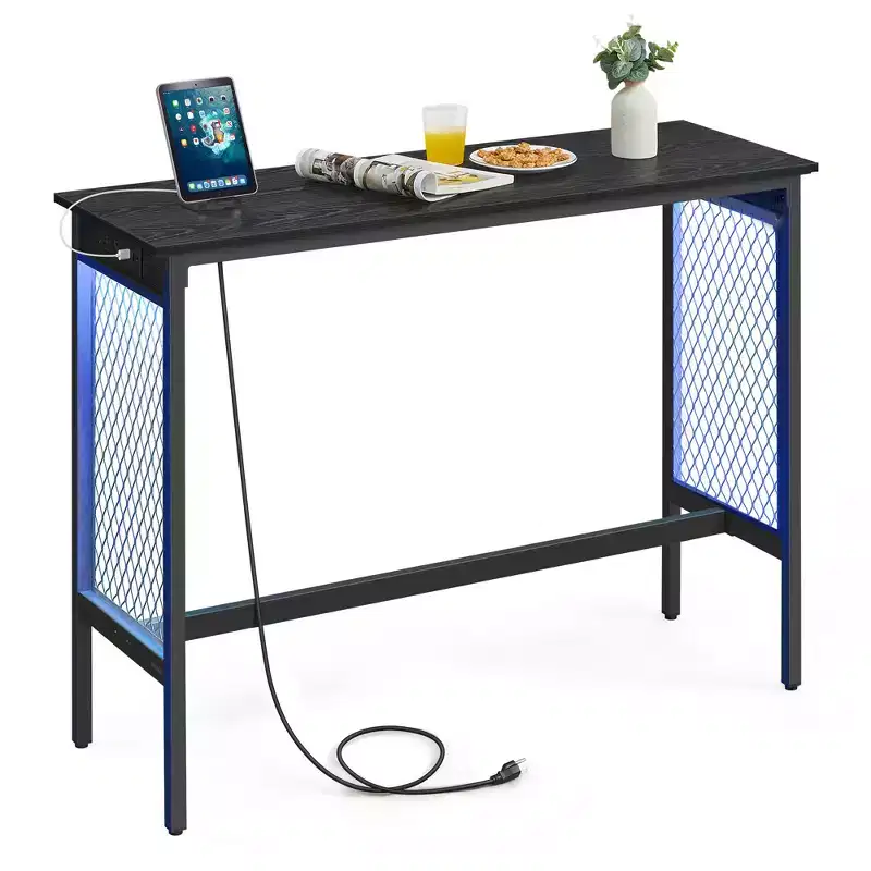 Bar Table, 47.2 Narrow Long Bar Table, Cocktail Tall Table with LED Lights, Built-in Power Outlets, Mesh Panels, Black and Matte Black
