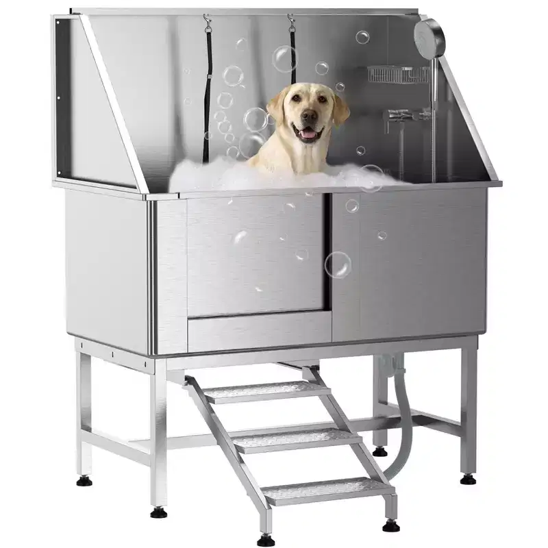 Dog Bath Tub, Dog Grooming Tub 50 Inch Professional Stainless Steel - with Stairs Floor Grate Faucet for Medium & Small Pets